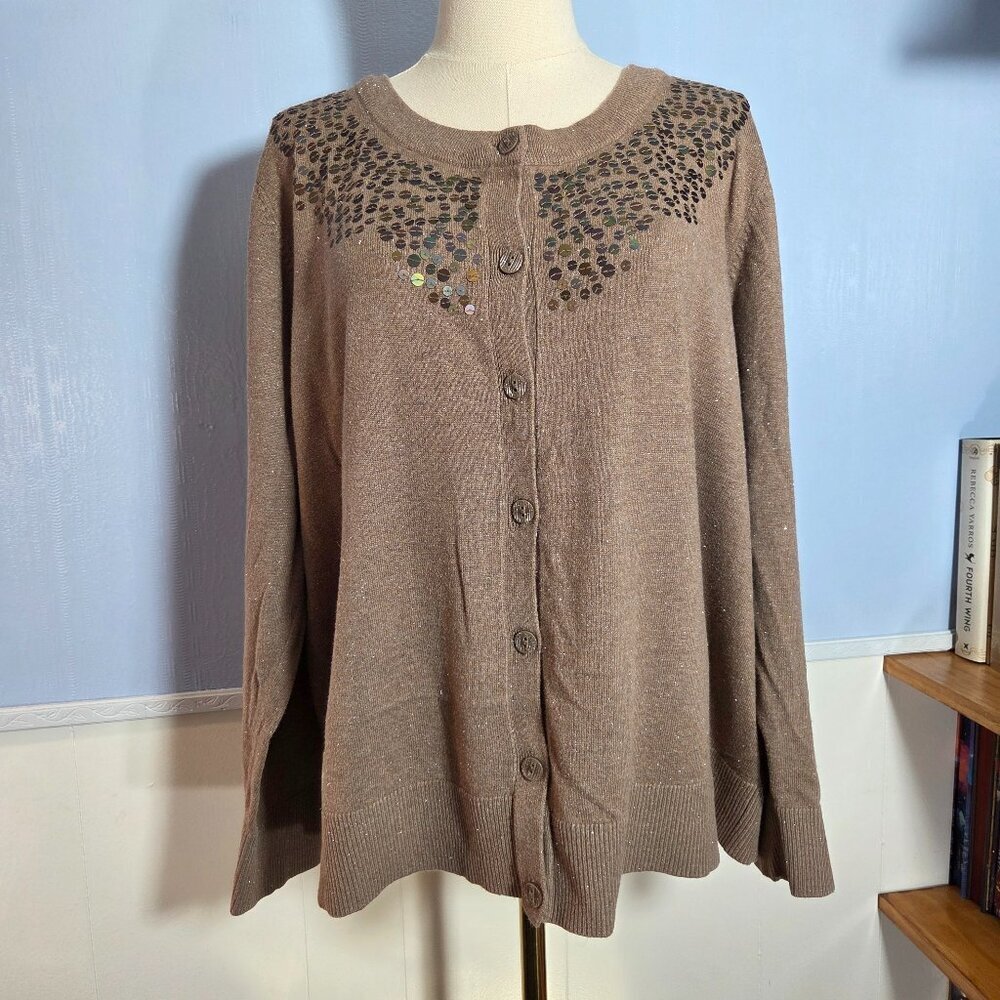 Cj Banks Brown Longsleeve Button Up Round Neck Hand Beaded Sweater (no size)